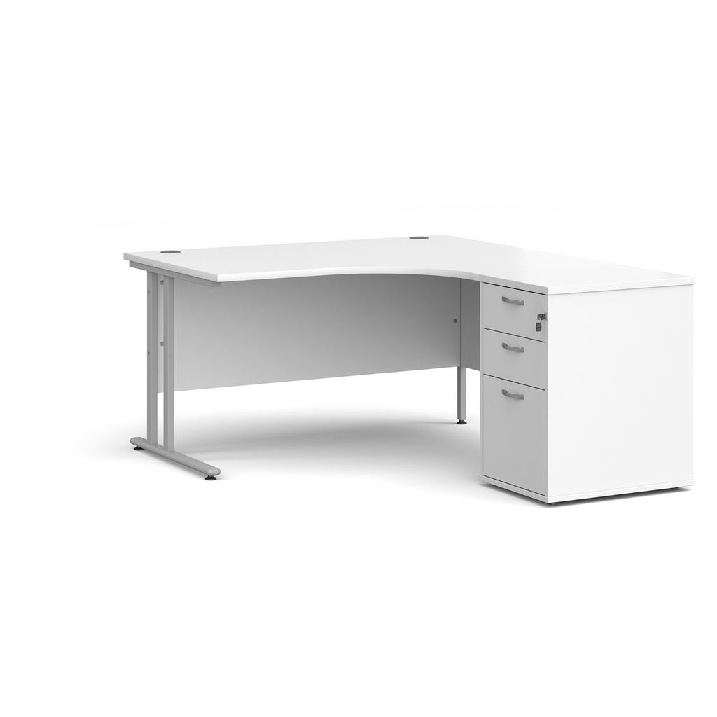 Picture of Maestro 25 right hand ergonomic desk 1400mm with silver cantilever frame and desk high pedestal - white