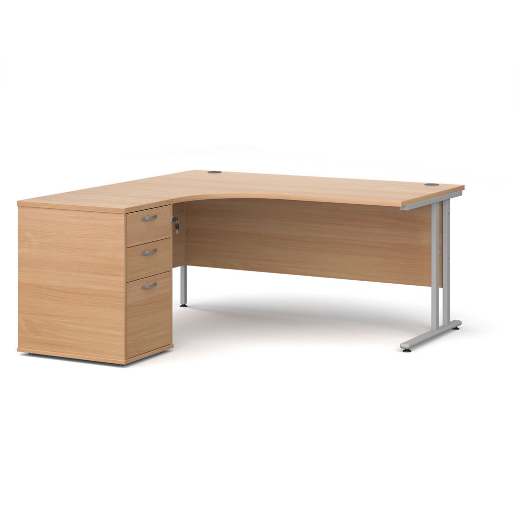 Picture of Maestro 25 left hand ergonomic desk 1600mm with silver cantilever frame and desk high pedestal - beech