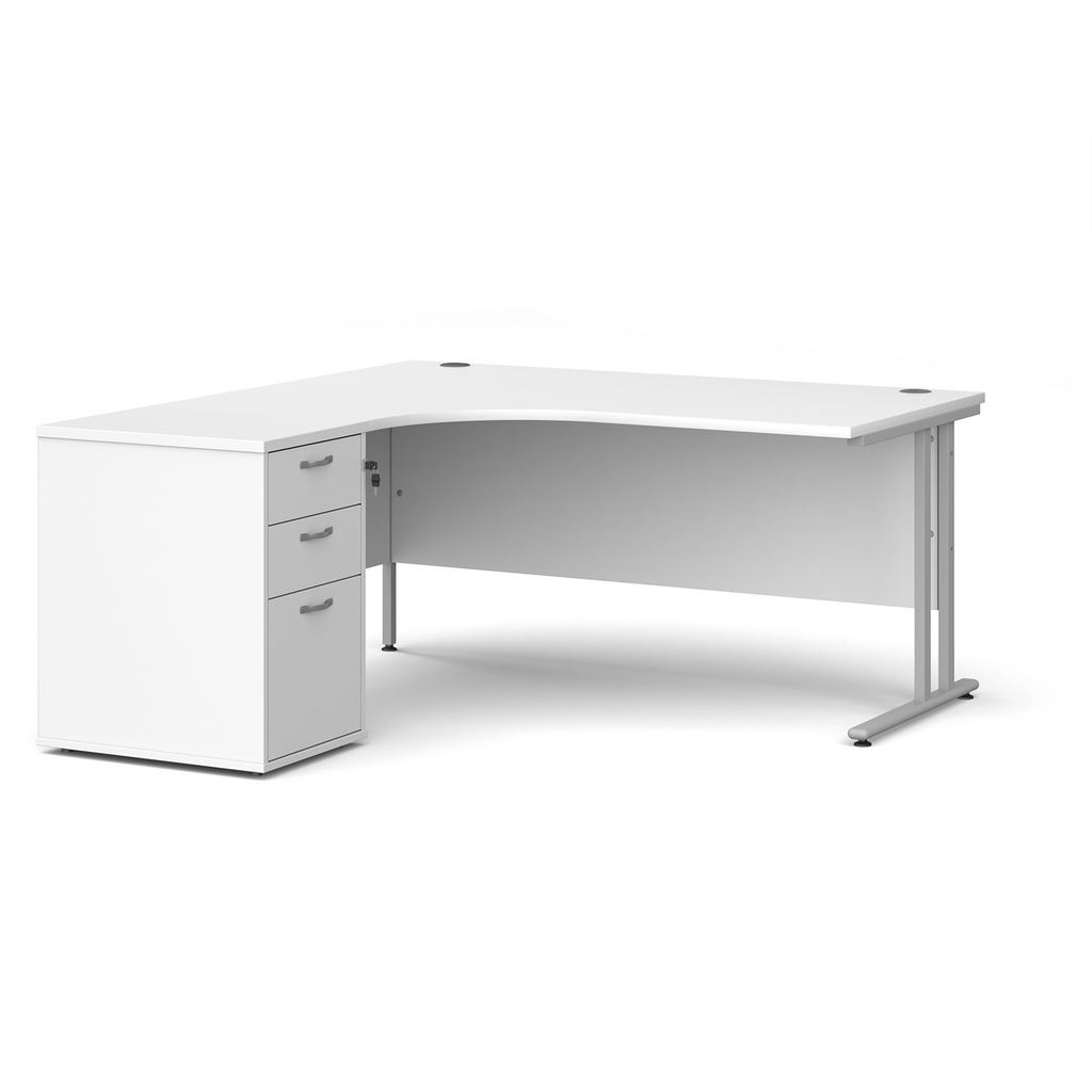 Picture of Maestro 25 left hand ergonomic desk 1600mm with silver cantilever frame and desk high pedestal - white