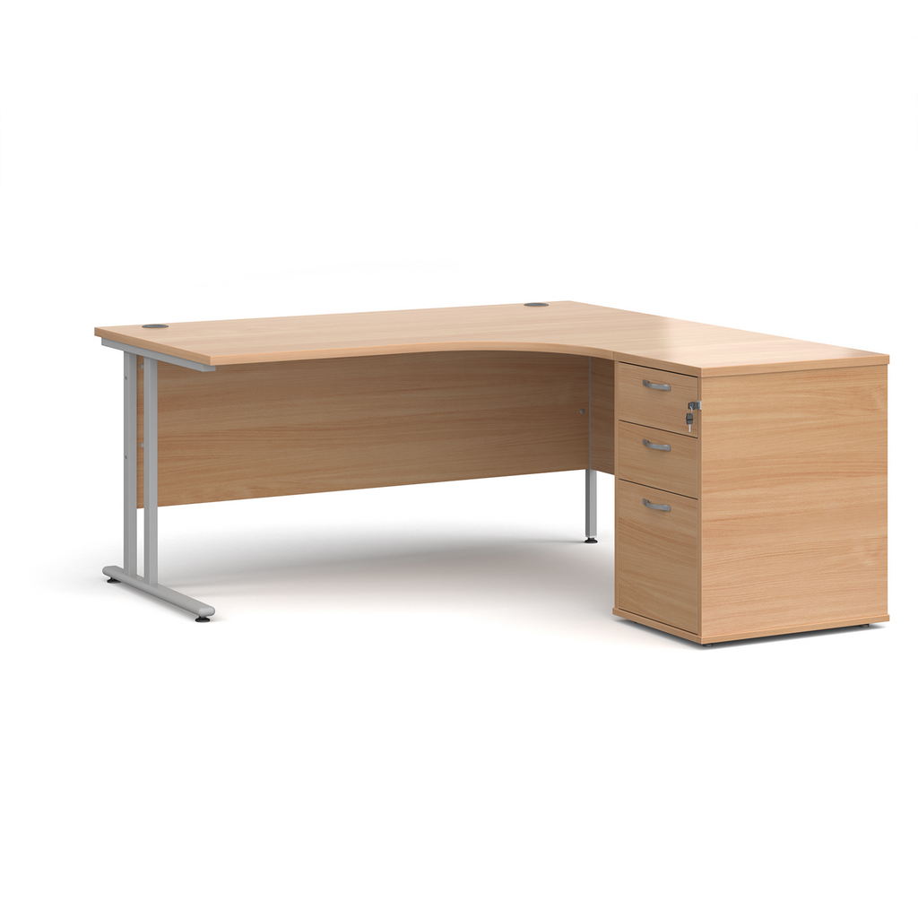 Picture of Maestro 25 right hand ergonomic desk 1600mm with silver cantilever frame and desk high pedestal - beech