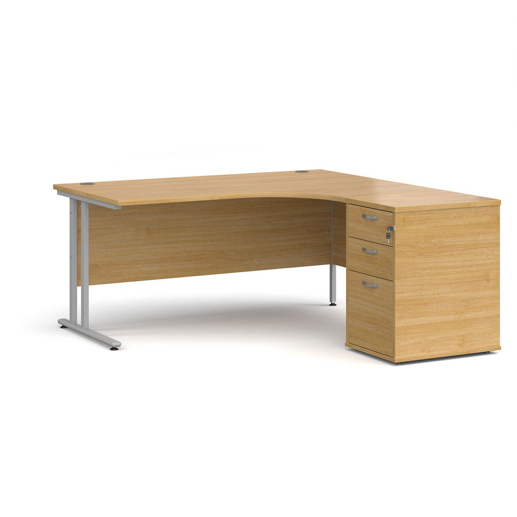 Picture of Maestro 25 right hand ergonomic desk 1600mm with silver cantilever frame and desk high pedestal - oak