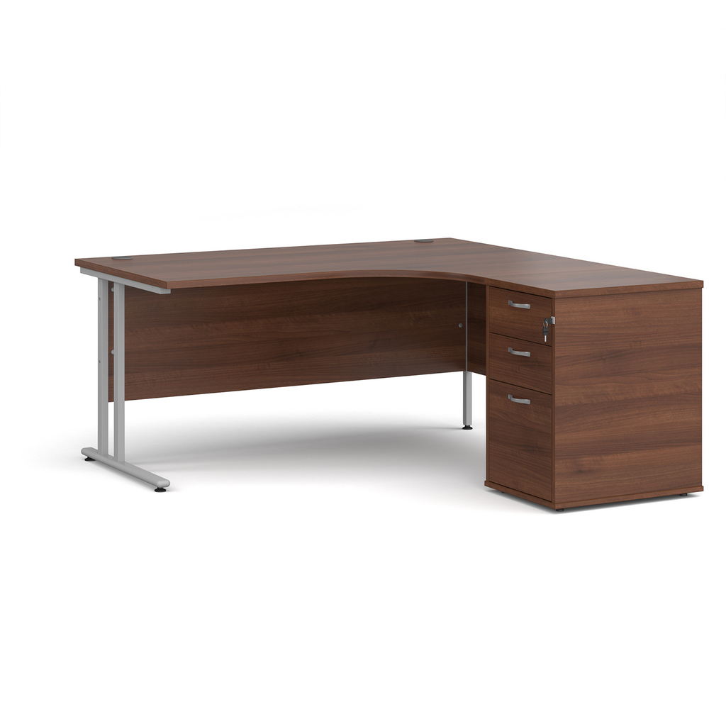 Picture of Maestro 25 right hand ergonomic desk 1600mm with silver cantilever frame and desk high pedestal - walnut