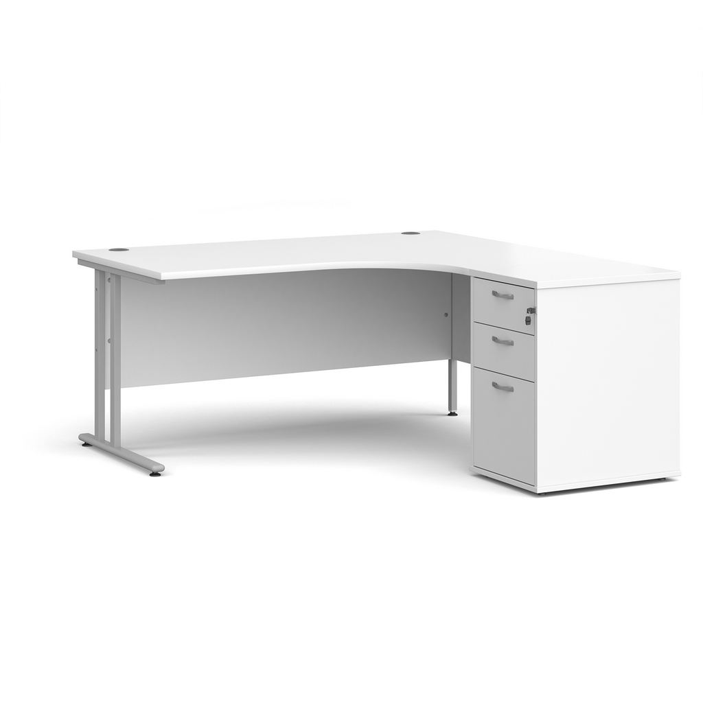 Picture of Maestro 25 right hand ergonomic desk 1600mm with silver cantilever frame and desk high pedestal - white