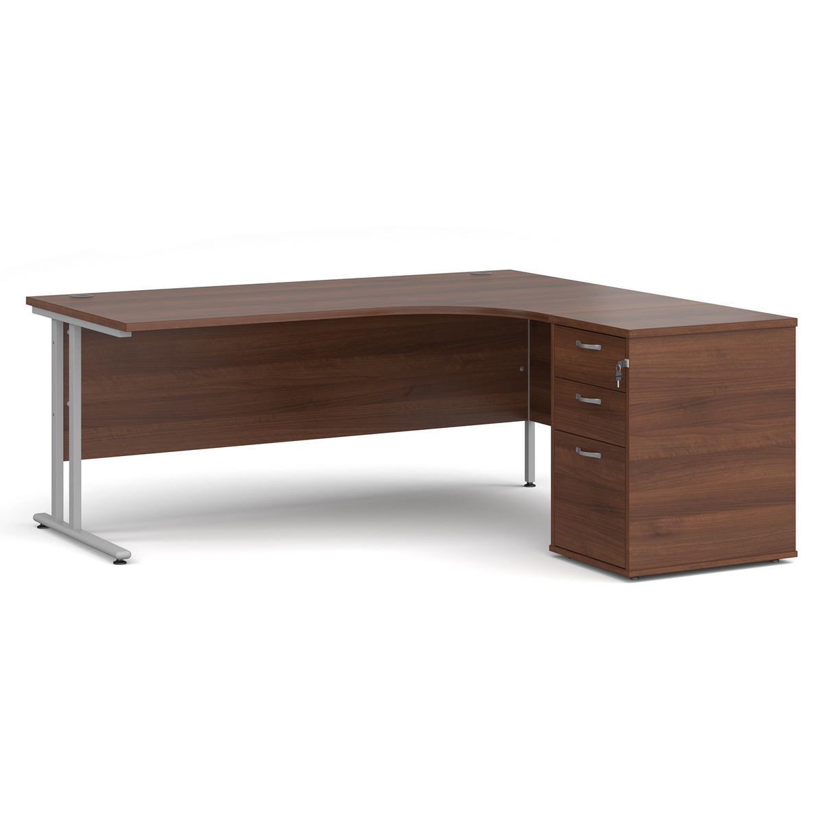 Picture of Maestro 25 right hand ergonomic desk 1800mm with silver cantilever frame and desk high pedestal - walnut