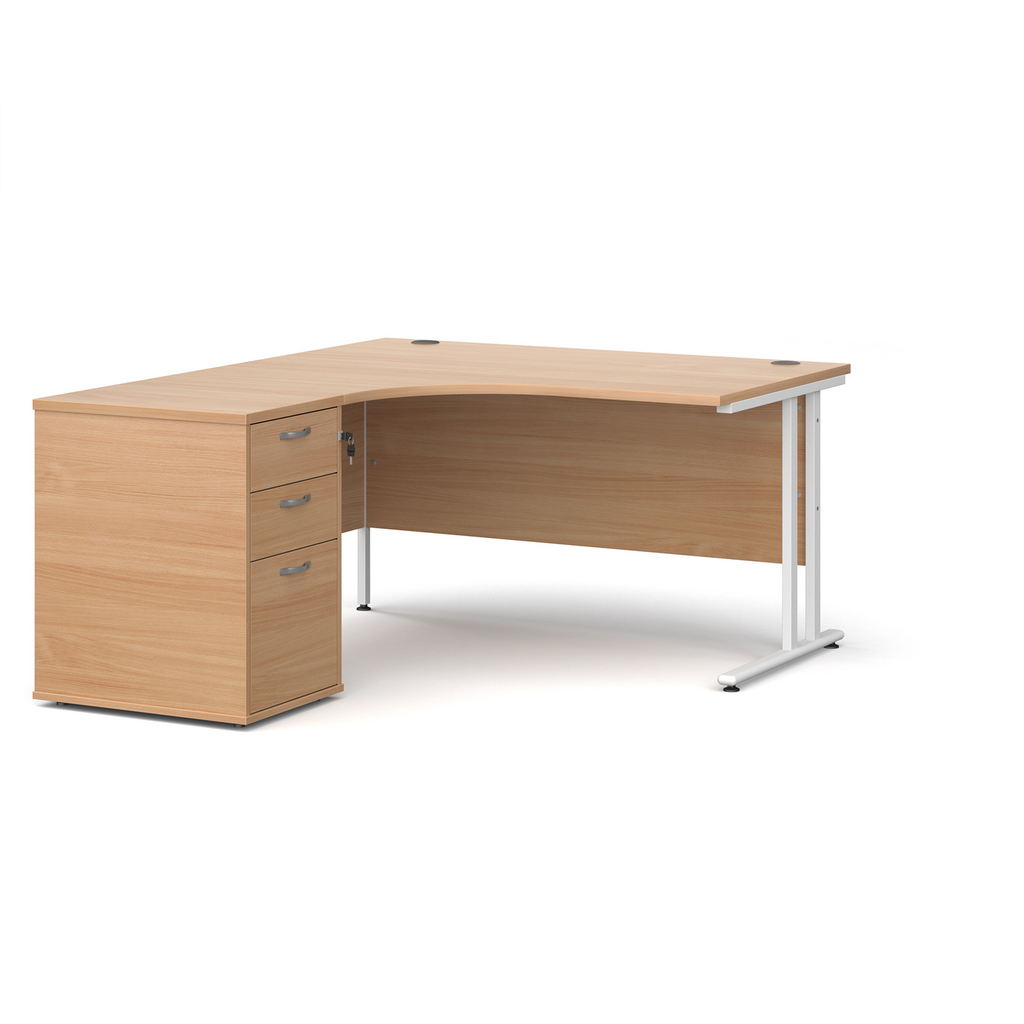 Picture of Maestro 25 left hand ergonomic desk 1400mm with white cantilever frame and desk high pedestal - beech