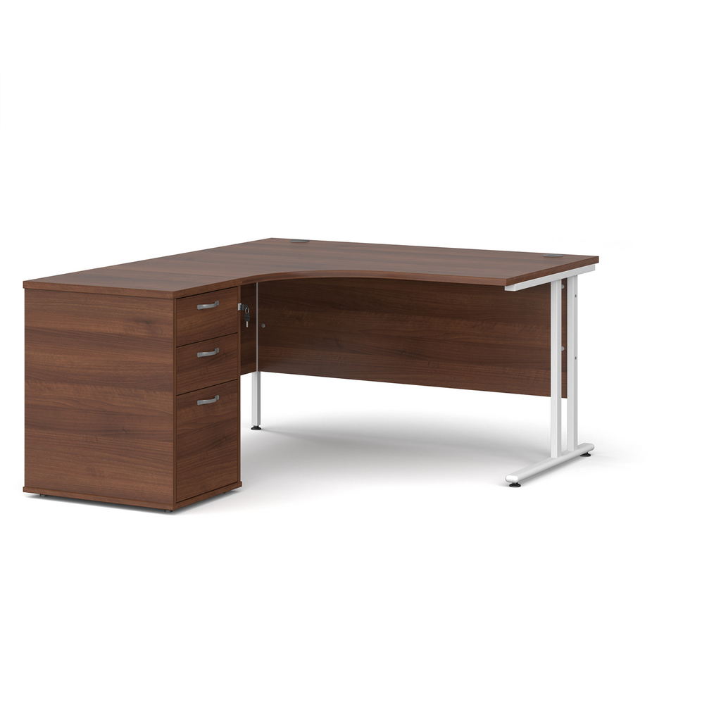 Picture of Maestro 25 left hand ergonomic desk 1400mm with white cantilever frame and desk high pedestal - walnut