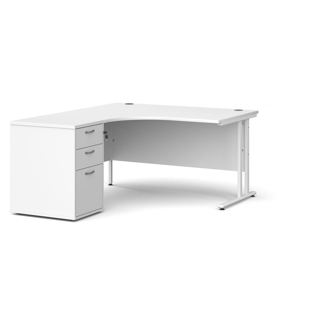 Picture of Maestro 25 left hand ergonomic desk 1400mm with white cantilever frame and desk high pedestal - white