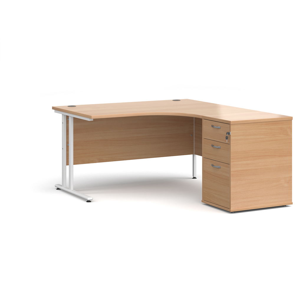 Picture of Maestro 25 right hand ergonomic desk 1400mm with white cantilever frame and desk high pedestal - beech