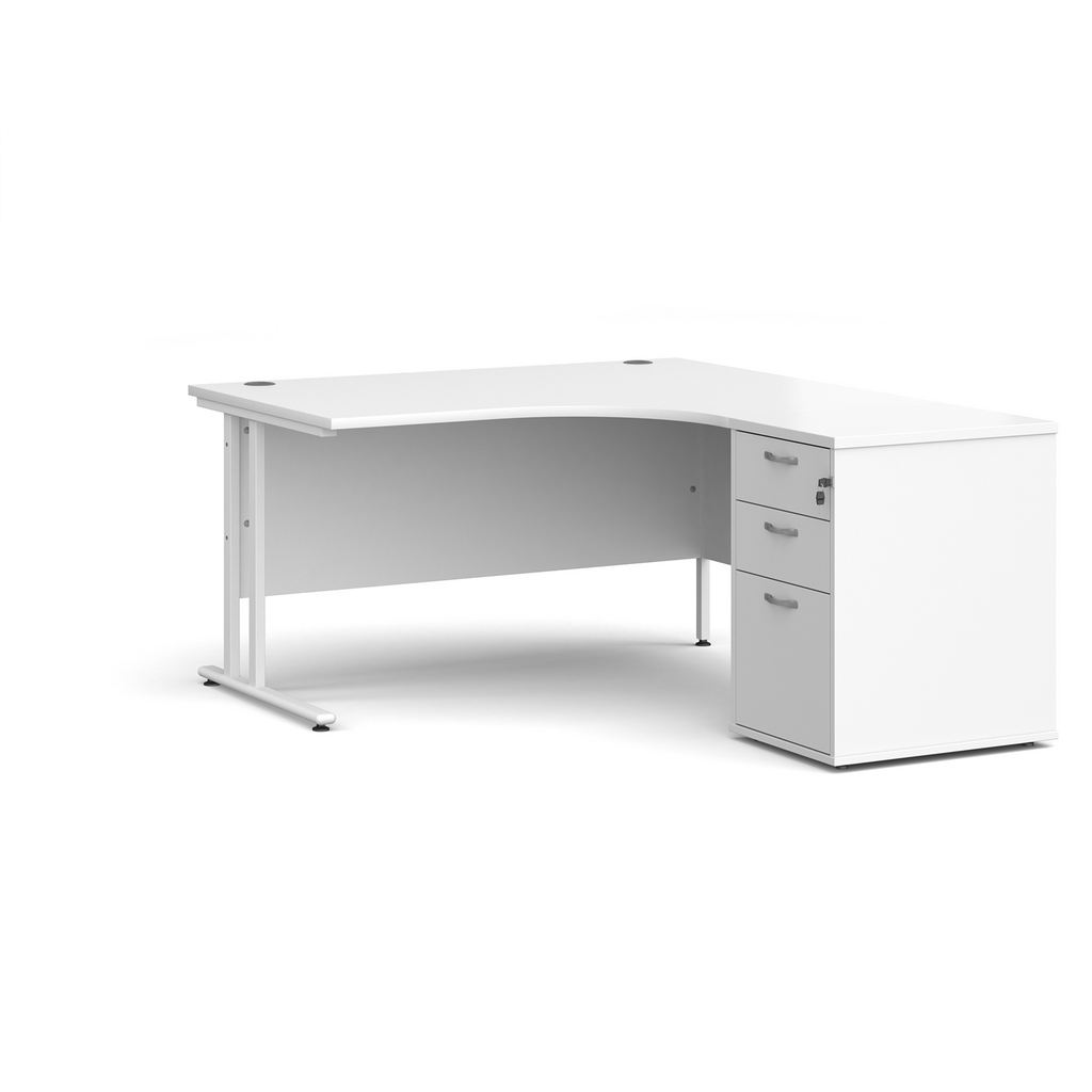 Picture of Maestro 25 right hand ergonomic desk 1400mm with white cantilever frame and desk high pedestal - white