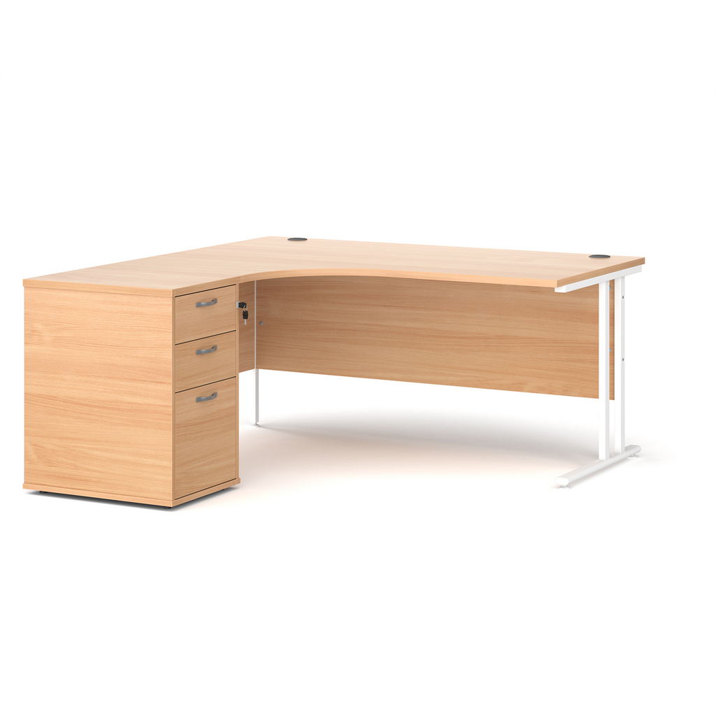 Picture of Maestro 25 left hand ergonomic desk 1600mm with white cantilever frame and desk high pedestal - beech