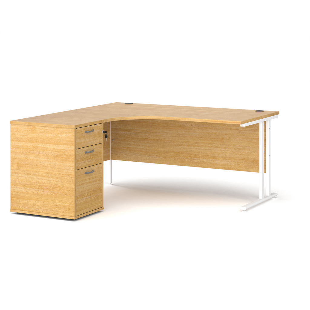 Picture of Maestro 25 left hand ergonomic desk 1600mm with white cantilever frame and desk high pedestal - oak