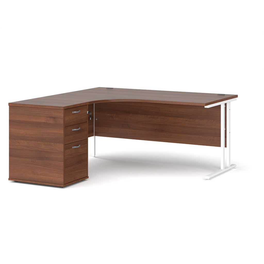 Picture of Maestro 25 left hand ergonomic desk 1600mm with white cantilever frame and desk high pedestal - walnut