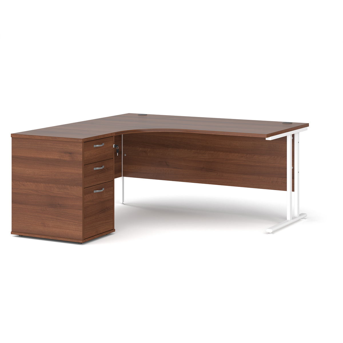 Picture of Maestro 25 left hand ergonomic desk 1600mm with white cantilever frame and desk high pedestal - walnut