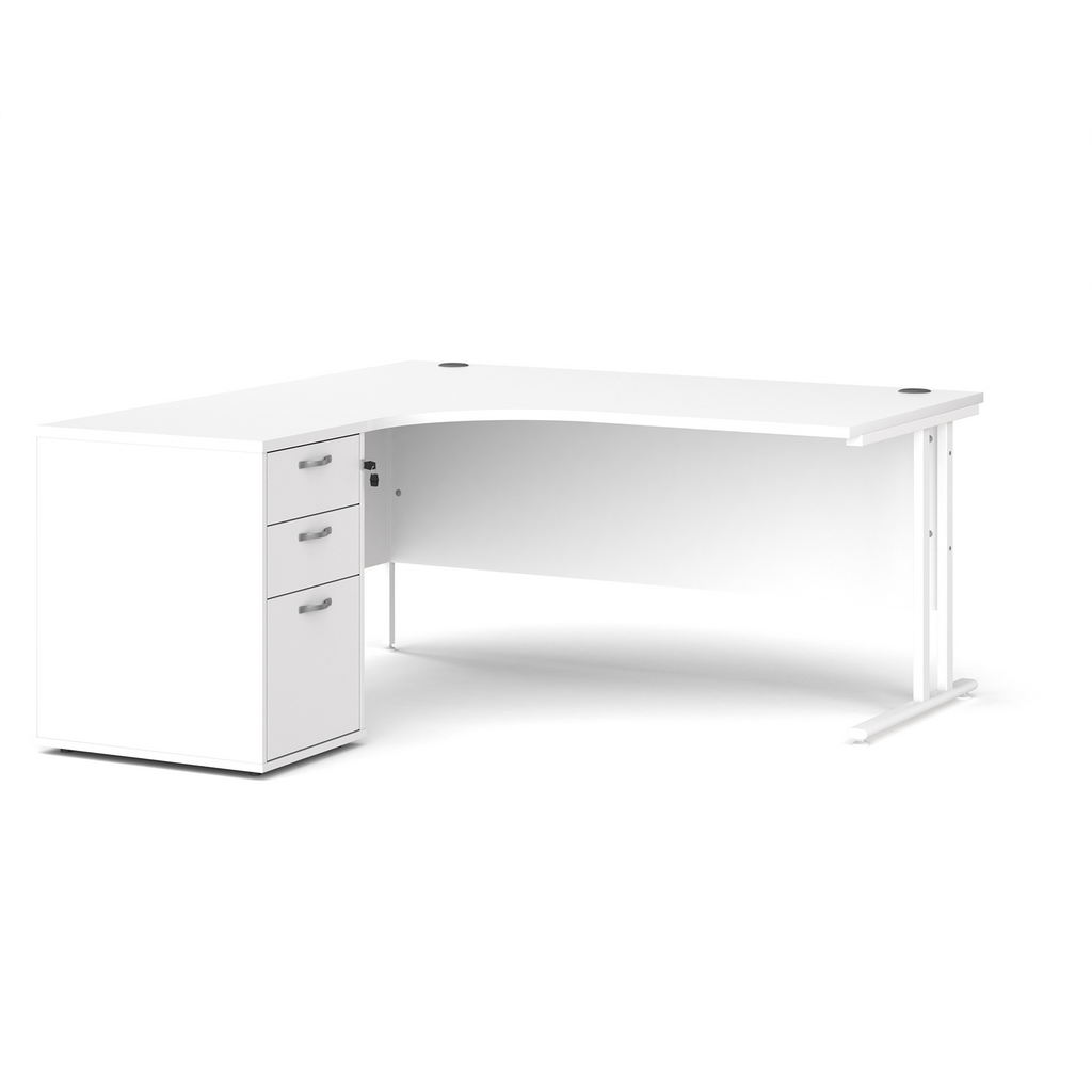 Picture of Maestro 25 left hand ergonomic desk 1600mm with white cantilever frame and desk high pedestal - white