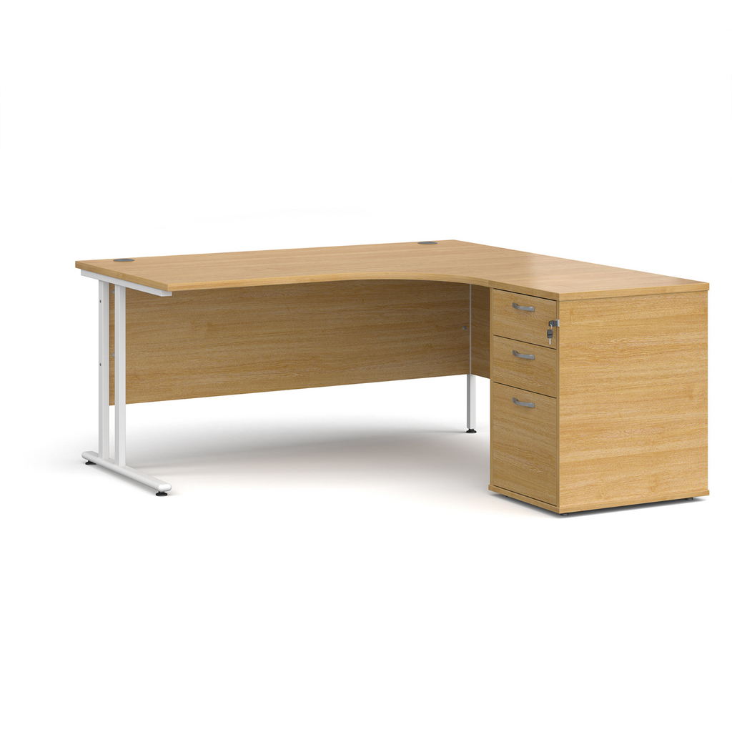 Picture of Maestro 25 right hand ergonomic desk 1600mm with white cantilever frame and desk high pedestal - oak