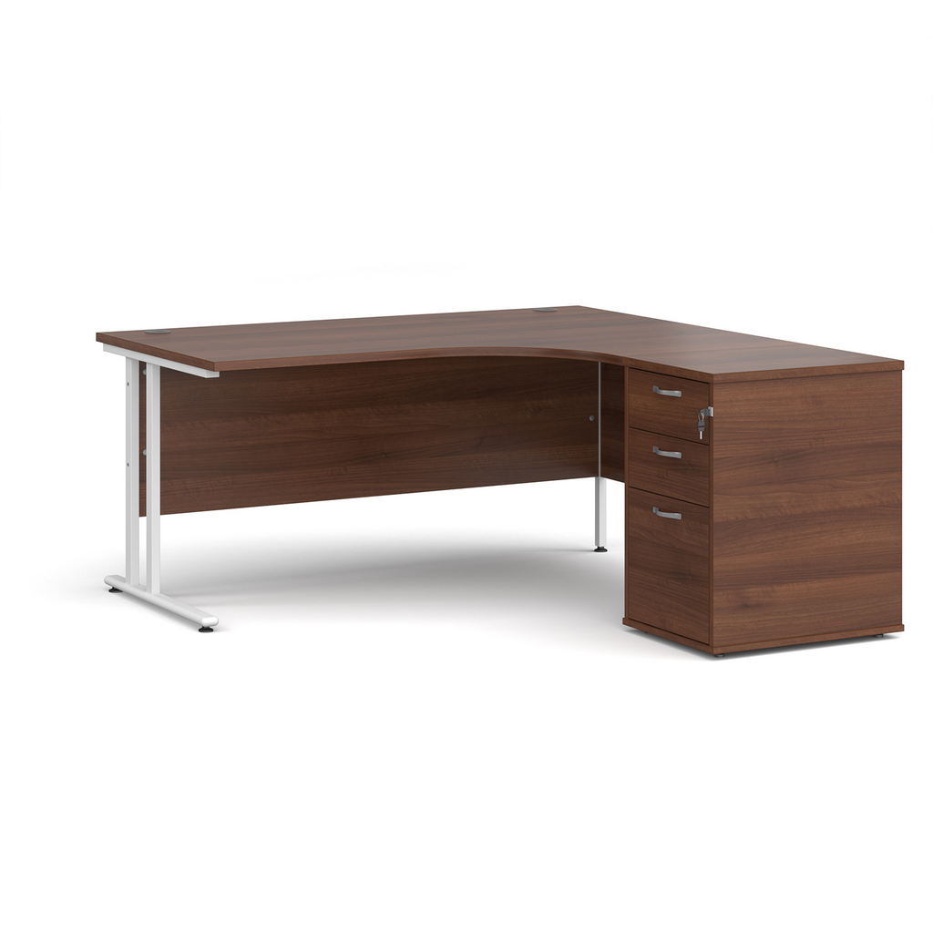 Picture of Maestro 25 right hand ergonomic desk 1600mm with white cantilever frame and desk high pedestal - walnut