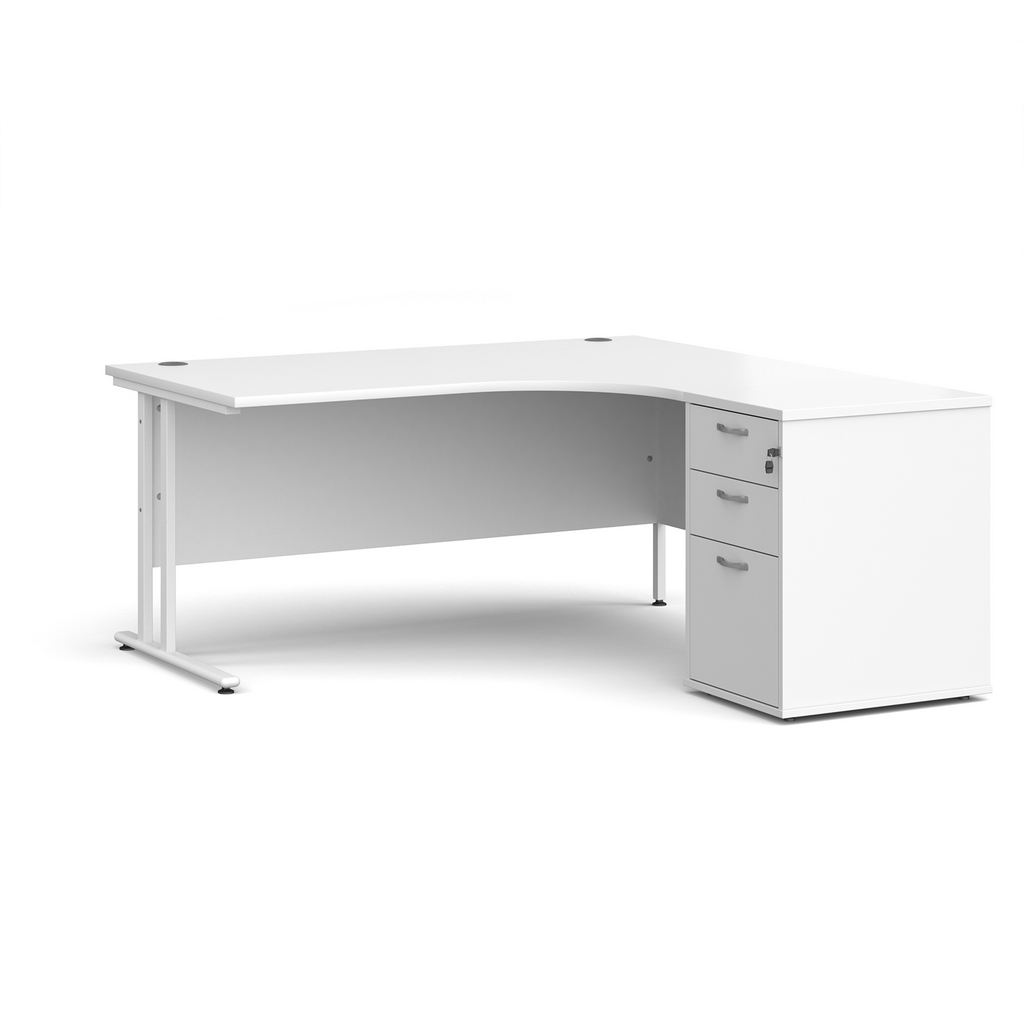 Picture of Maestro 25 right hand ergonomic desk 1600mm with white cantilever frame and desk high pedestal - white