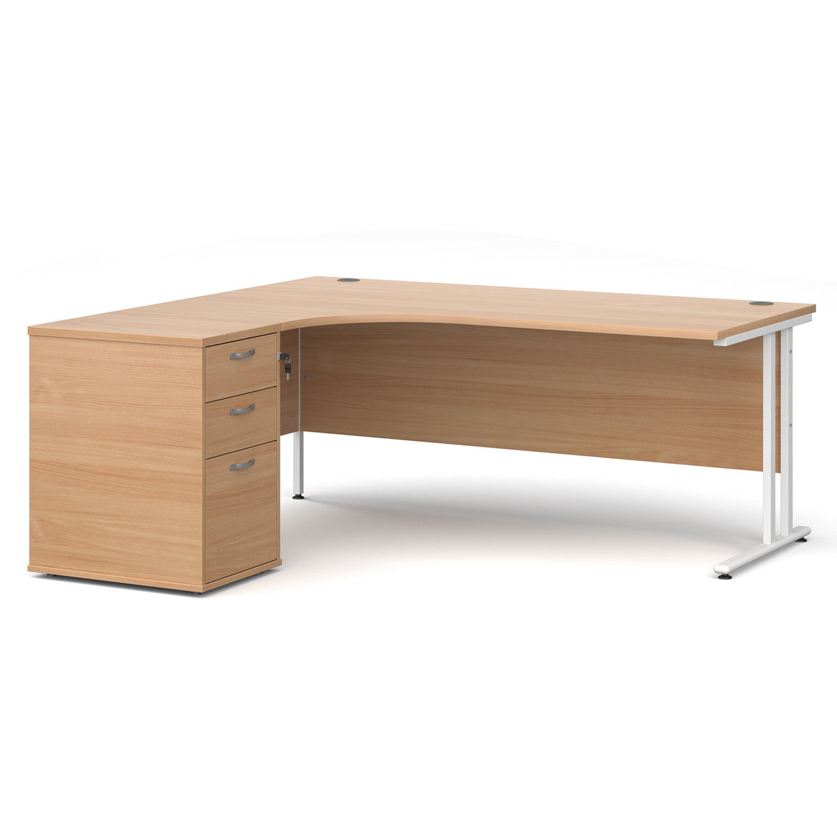 Picture of Maestro 25 left hand ergonomic desk 1800mm with white cantilever frame and desk high pedestal - beech