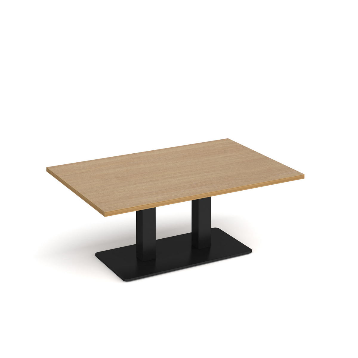 Picture of Eros rectangular coffee table with flat black rectangular base and twin uprights 1200mm x 800mm - oak