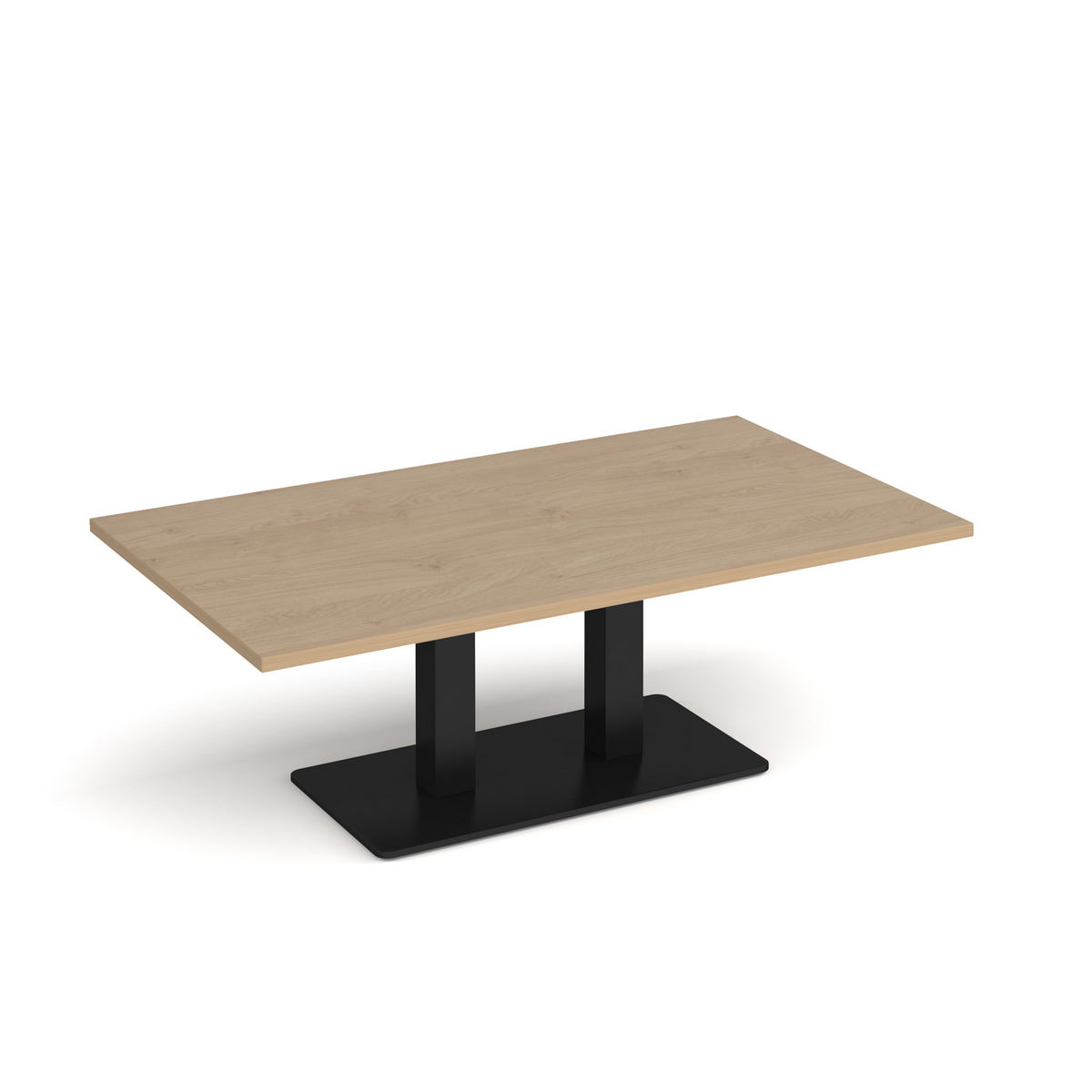 Picture of Eros rectangular coffee table with flat black rectangular base and twin uprights 1400mm x 800mm - Kendal oak