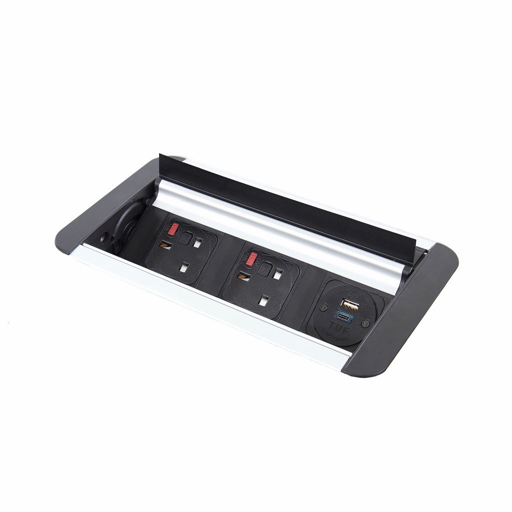 Picture of Eclipse in-table rollover power module 2 x UK sockets, 1 x TUF (A&C connectors) USB charger - black/silver