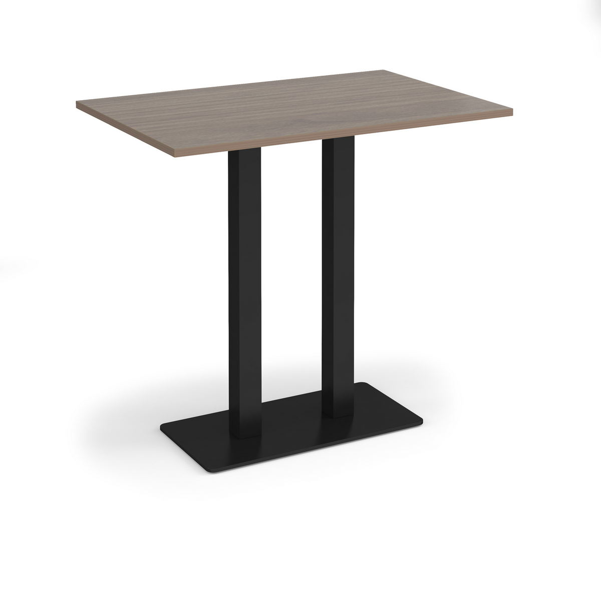 Picture of Eros rectangular poseur table with flat black rectangular base and twin uprights 1200mm x 800mm - Barcelona walnut