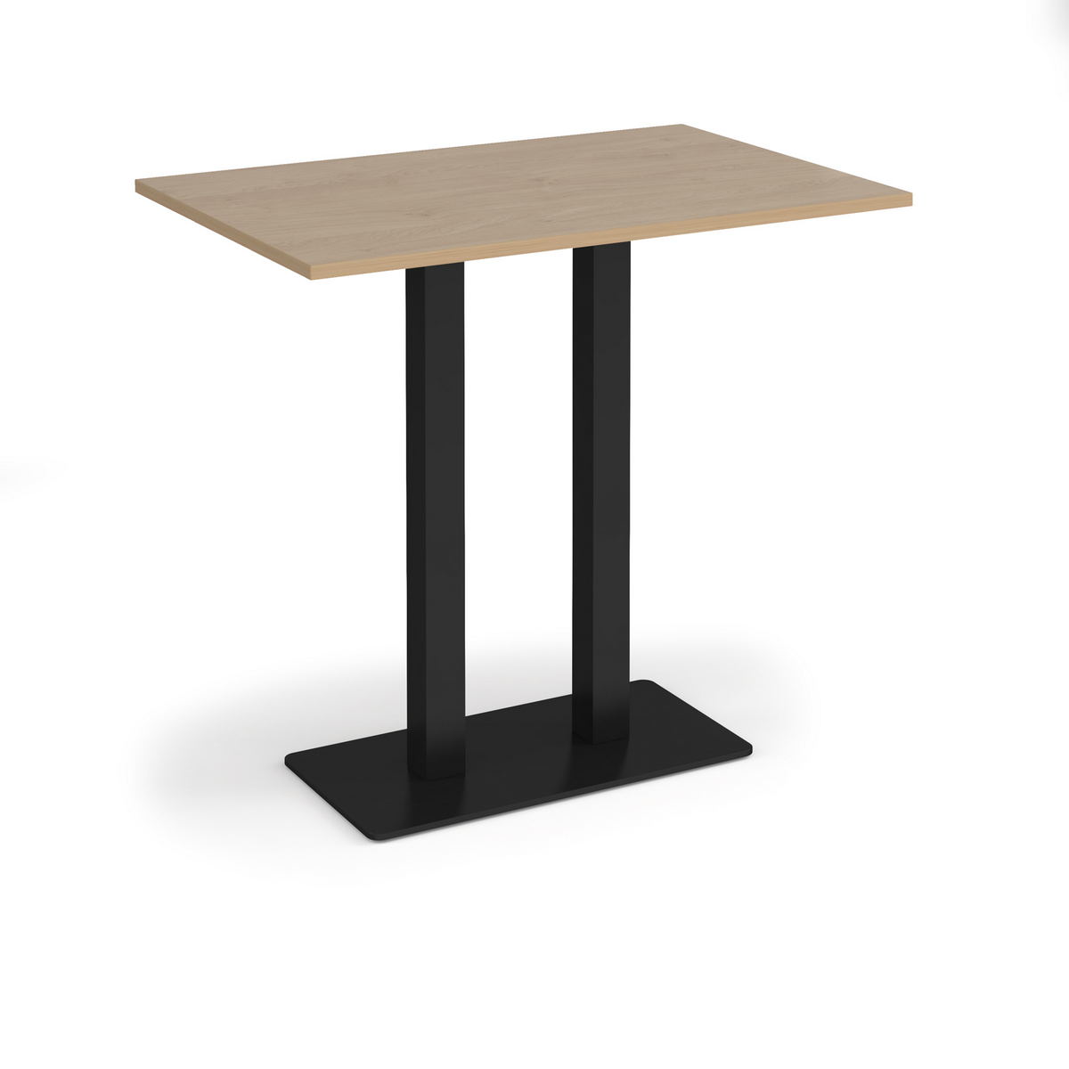 Picture of Eros rectangular poseur table with flat black rectangular base and twin uprights 1200mm x 800mm - Kendal oak