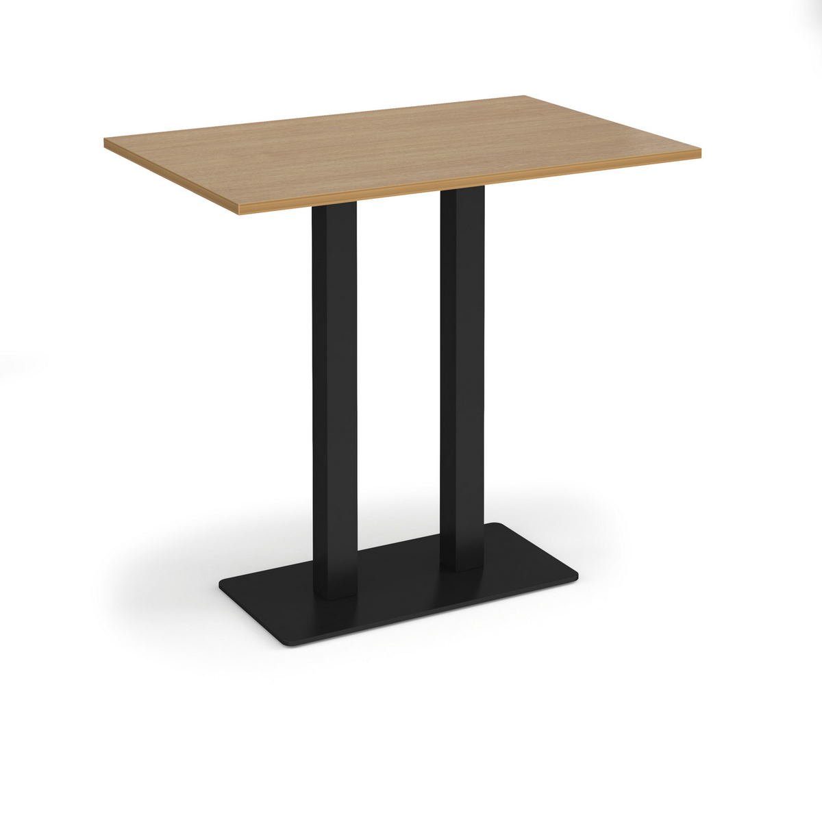 Picture of Eros rectangular poseur table with flat black rectangular base and twin uprights 1200mm x 800mm - oak