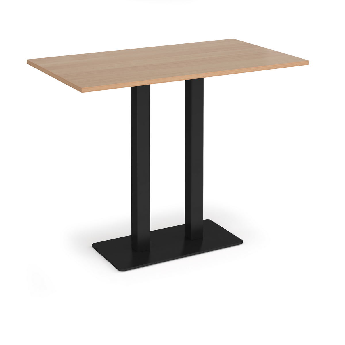 Picture of Eros rectangular poseur table with flat black rectangular base and twin uprights 1400mm x 800mm - beech