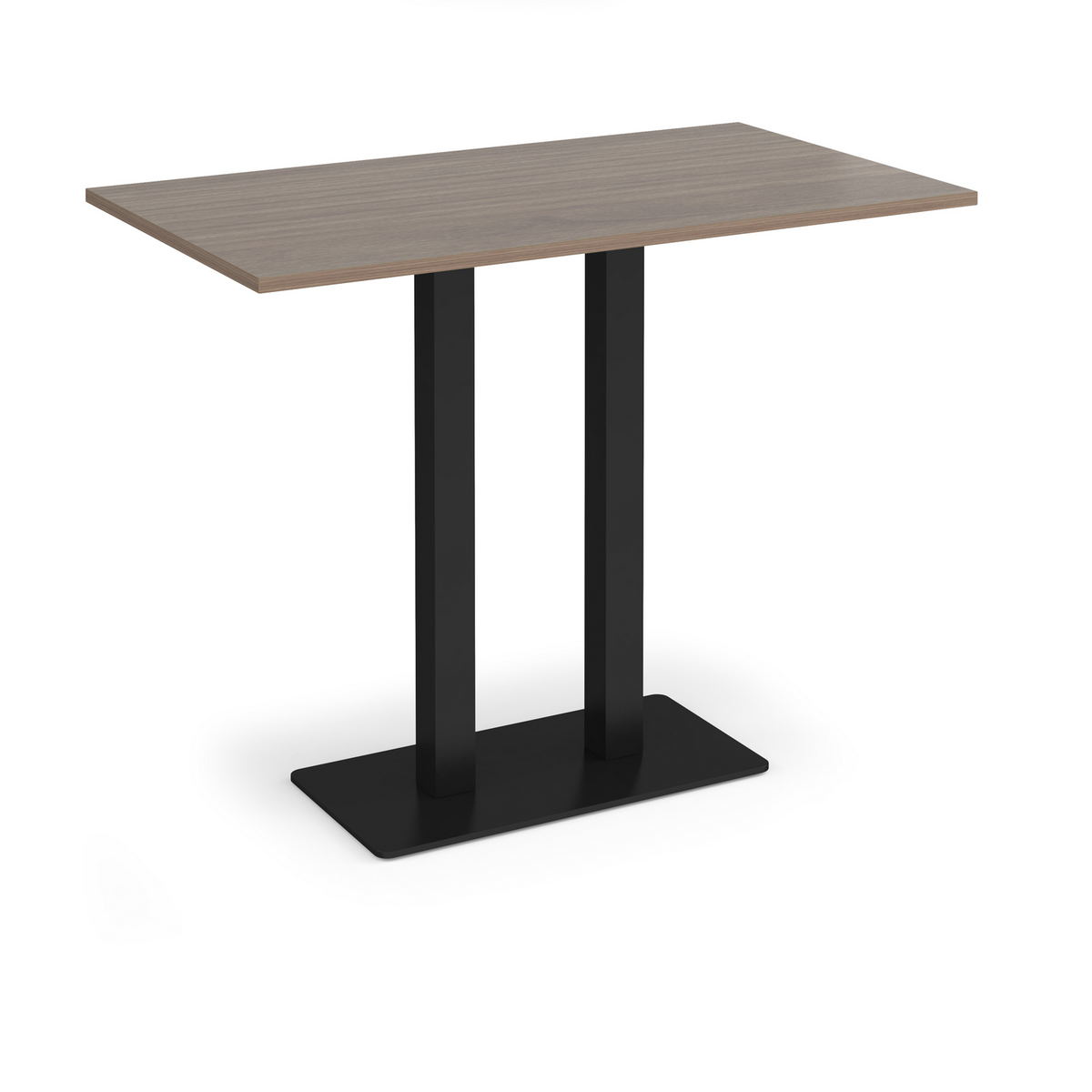 Picture of Eros rectangular poseur table with flat black rectangular base and twin uprights 1400mm x 800mm - Barcelona walnut