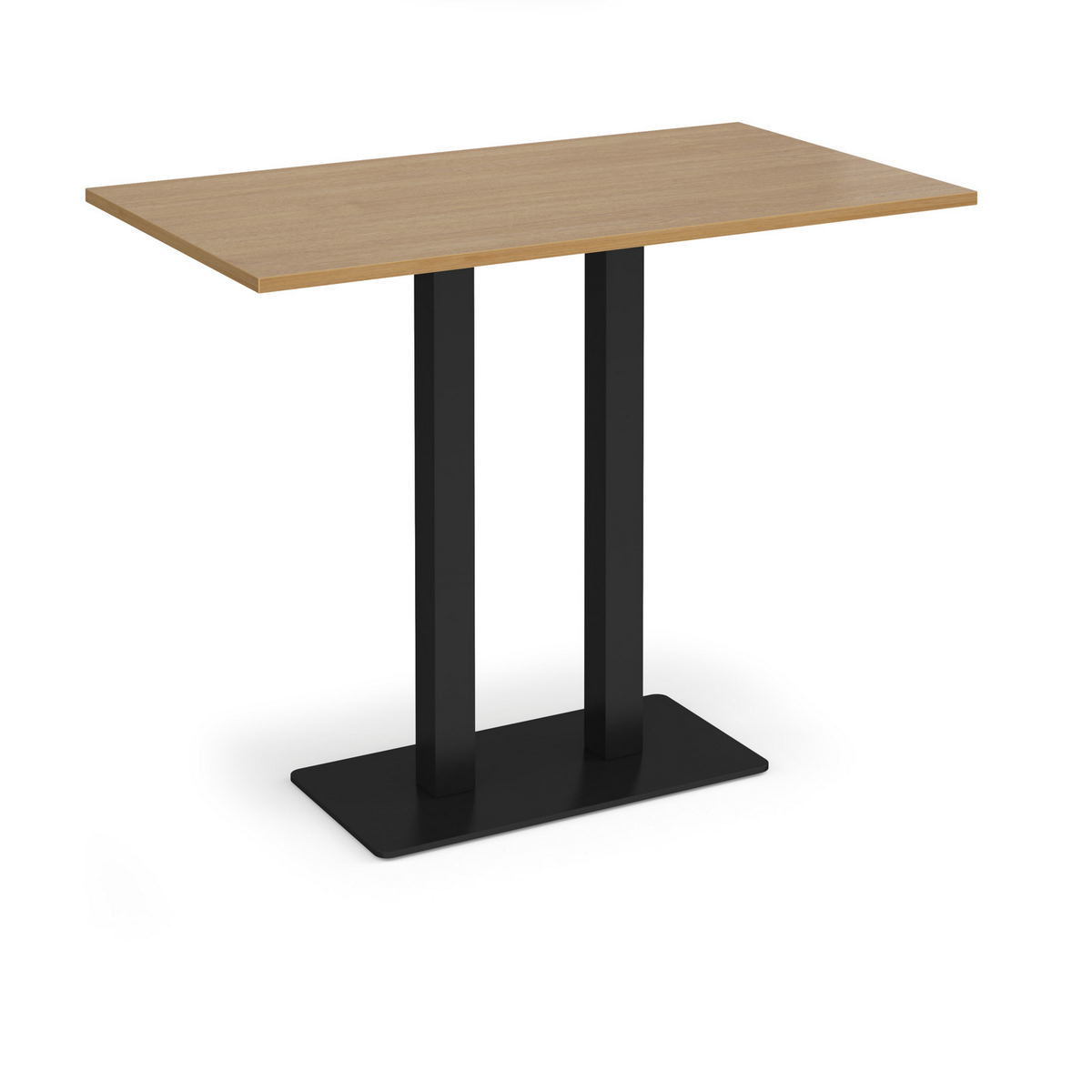 Picture of Eros rectangular poseur table with flat black rectangular base and twin uprights 1400mm x 800mm - oak