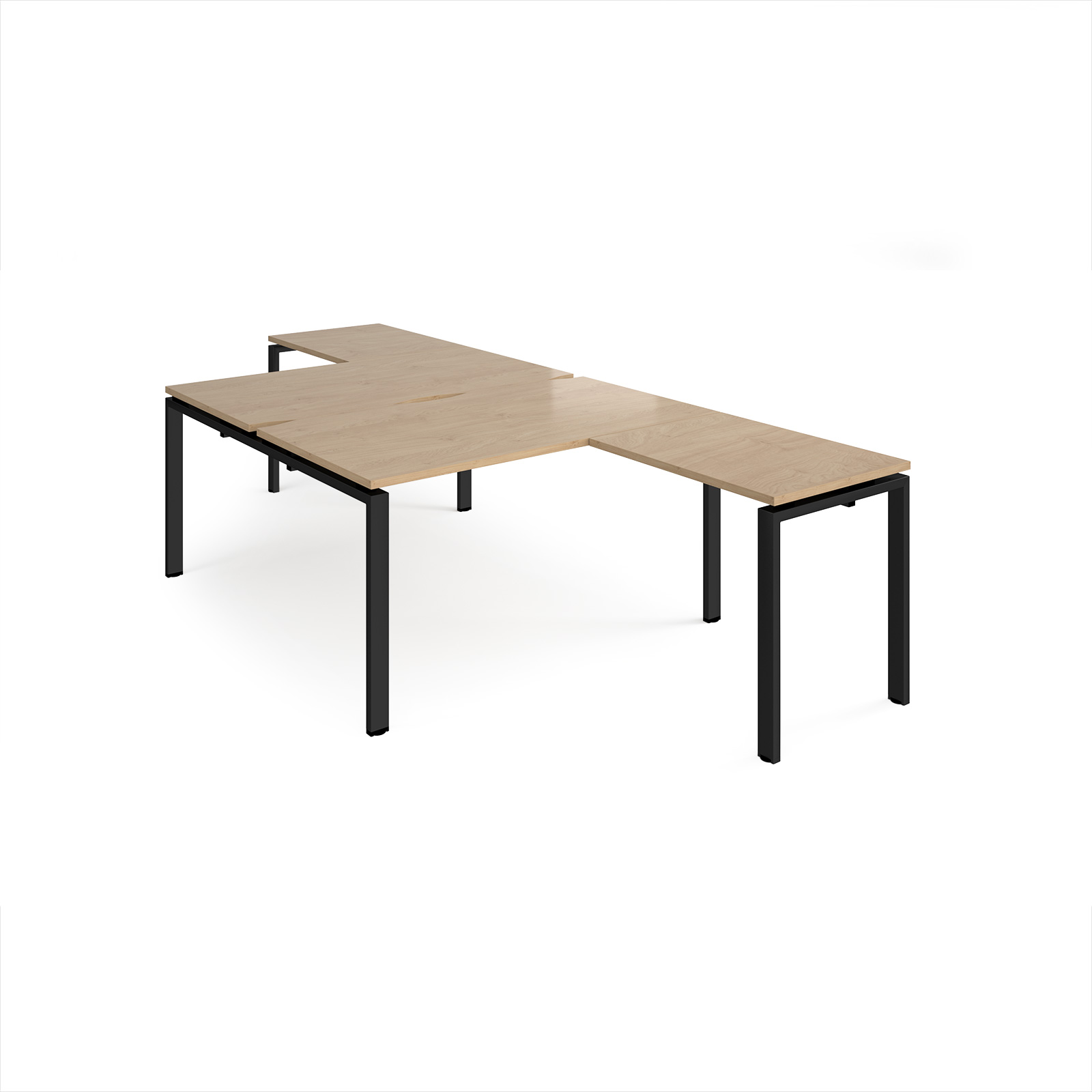 Picture of Adapt back to back desks 1400mm x 1600mm with 800mm return desks - black frame, Kendal Oak Top