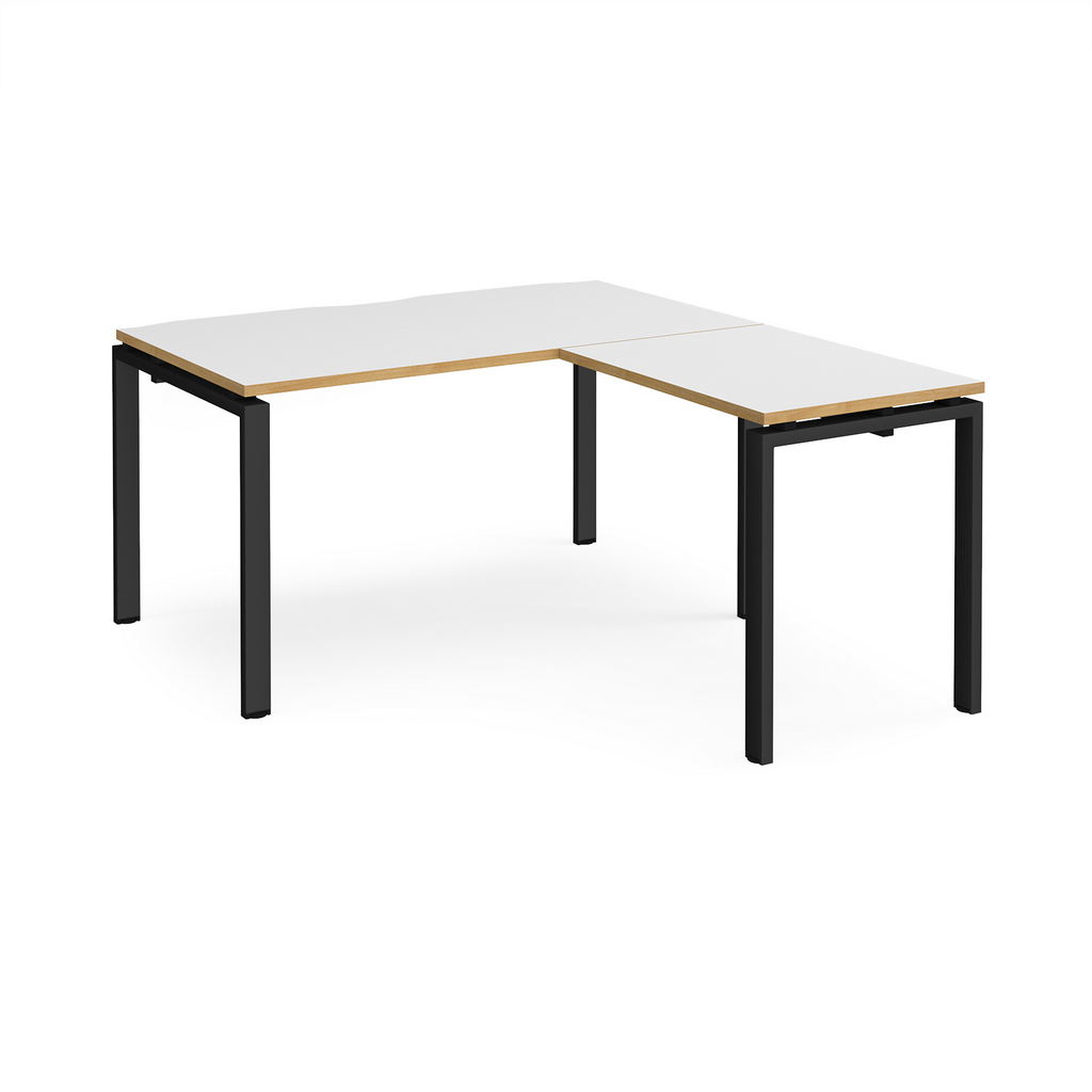 Picture of Adapt desk 1400mm x 800mm with 800mm return desk - black frame, white top with oak edge