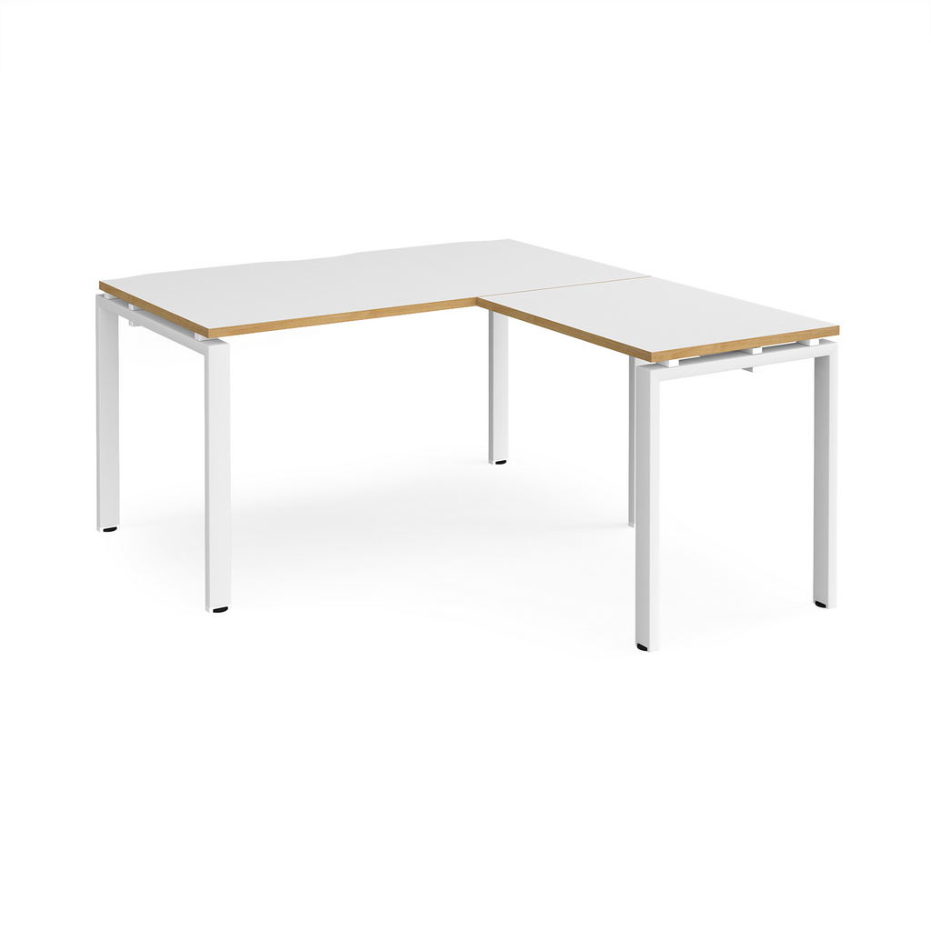 Picture of Adapt desk 1400mm x 800mm with 800mm return desk - white frame, white top with oak edge