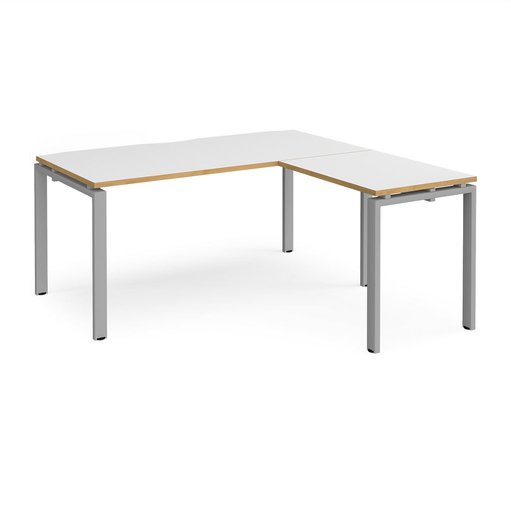 Picture of Adapt desk 1600mm x 800mm with 800mm return desk - silver frame, white top with oak edge