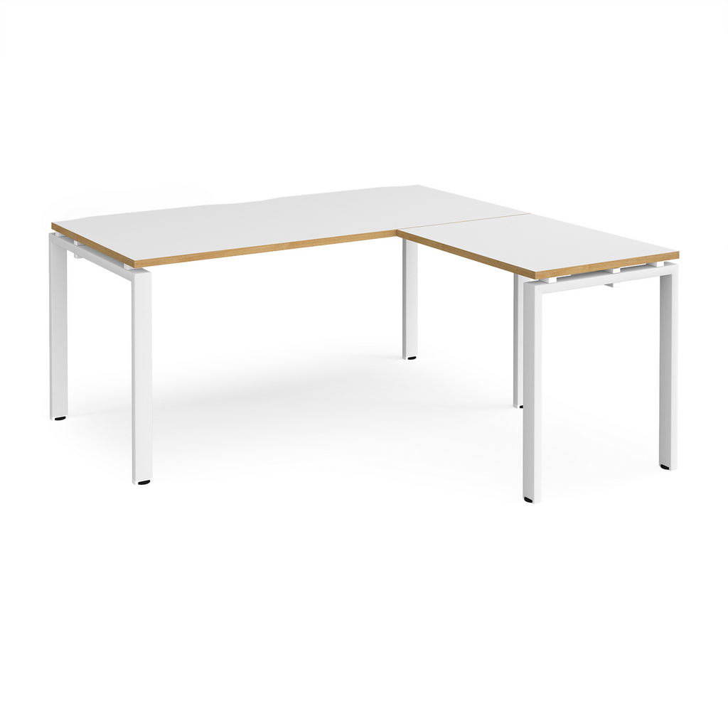 Picture of Adapt desk 1600mm x 800mm with 800mm return desk - white frame, white top with oak edge