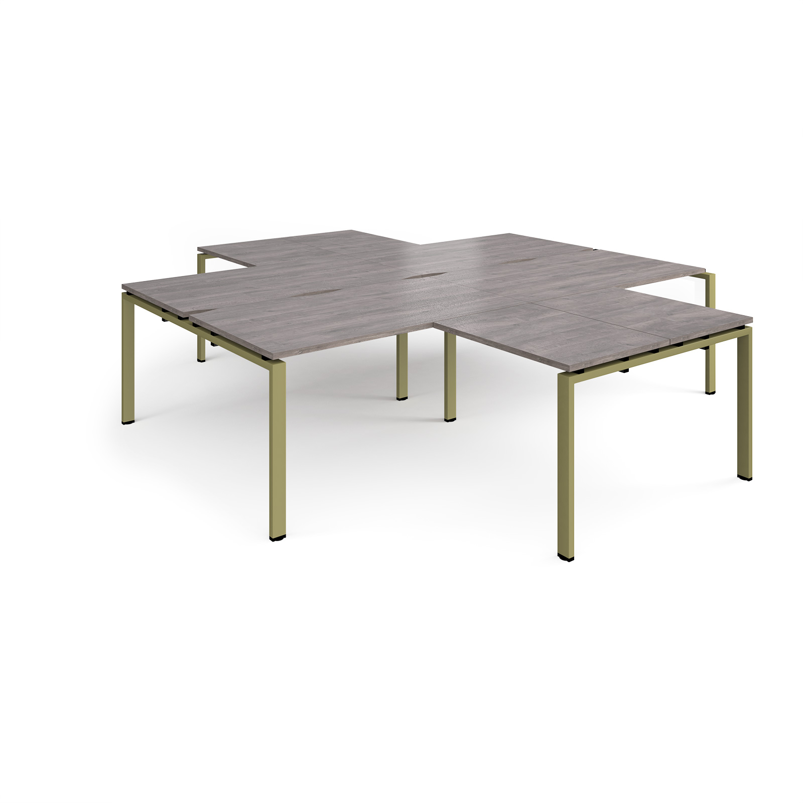 Picture of Adapt back to back 4 desk cluster 2800mm x 1600mm with 800mm return desks - green frame, Grey Oak Top