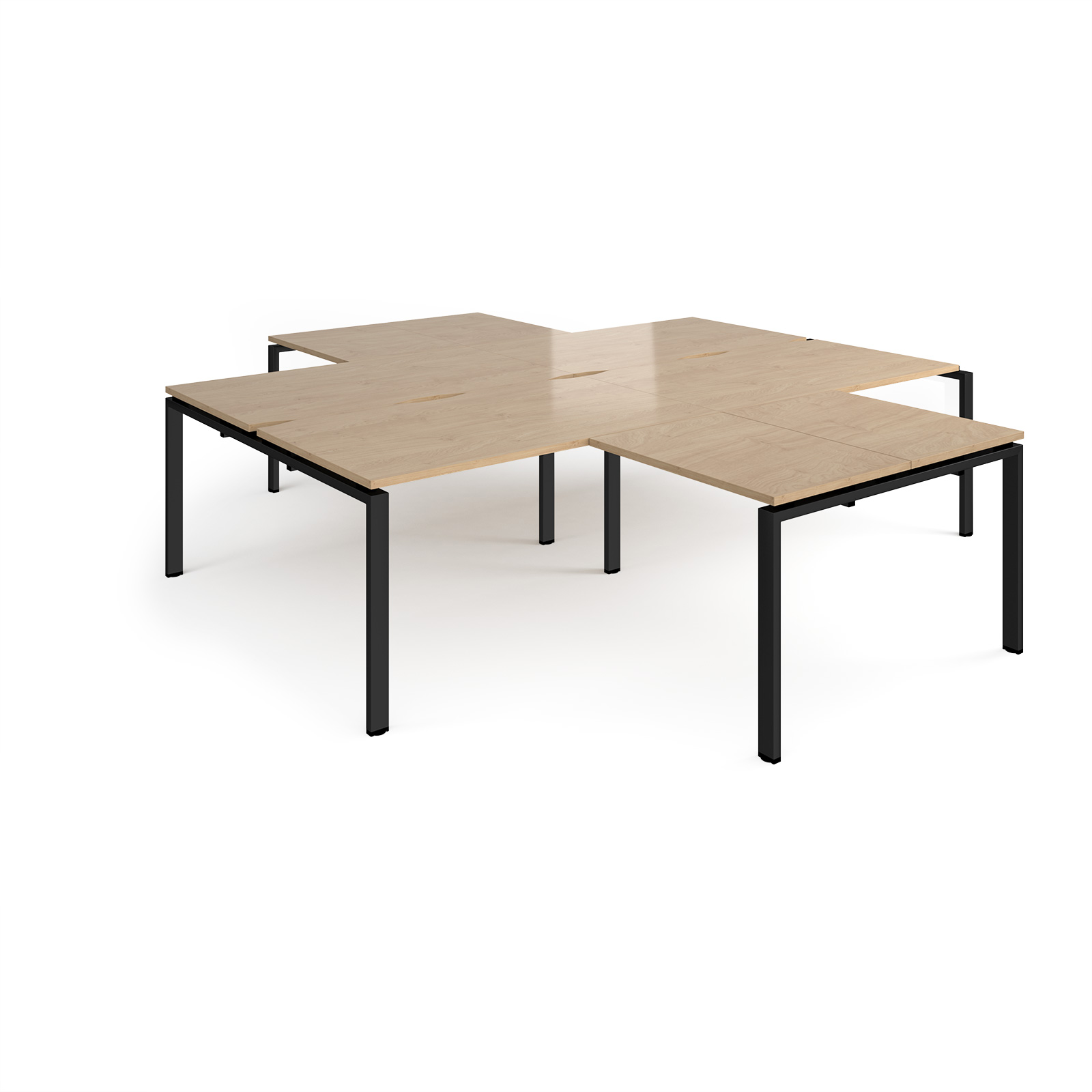 Picture of Adapt back to back 4 desk cluster 2800mm x 1600mm with 800mm return desks - black frame, Kendal Oak Top