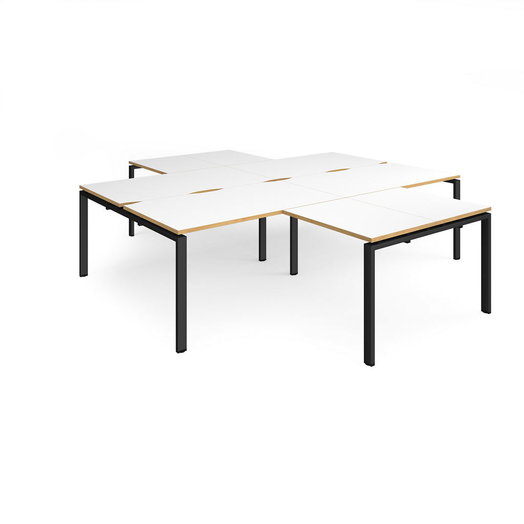 Picture of Adapt back to back 4 desk cluster 2800mm x 1600mm with 800mm return desks - black frame, white top with oak edge