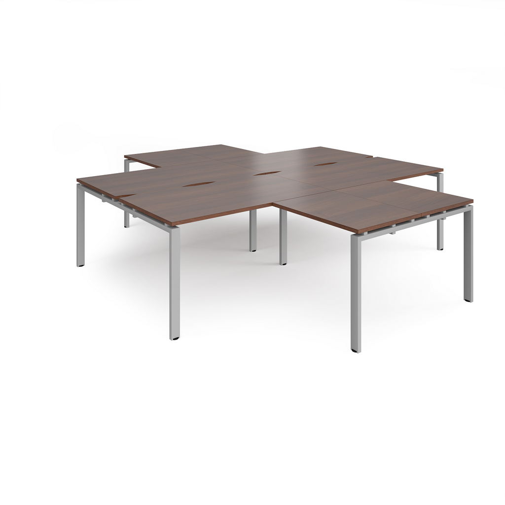 Picture of Adapt back to back 4 desk cluster 2800mm x 1600mm with 800mm return desks - silver frame, walnut top