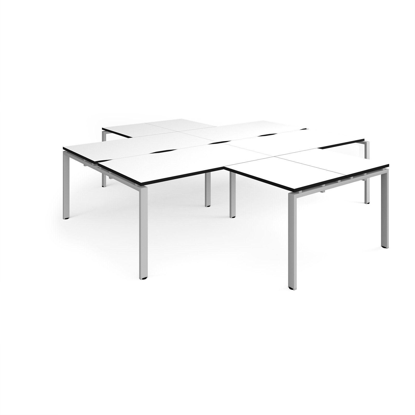 Picture of Adapt back to back 4 desk cluster 2800mm x 1600mm with 800mm return desks - silver frame, White Top, black edge