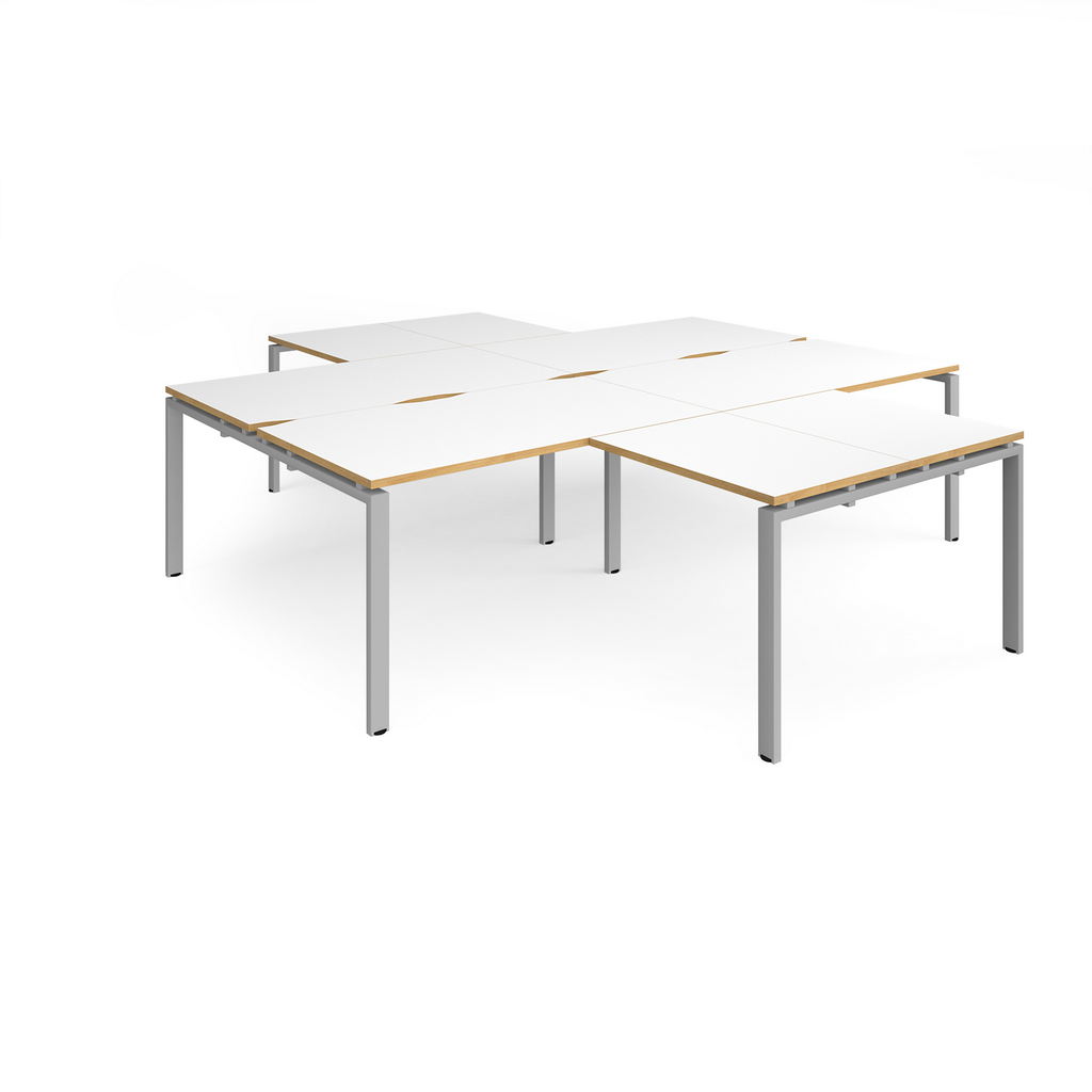 Picture of Adapt back to back 4 desk cluster 2800mm x 1600mm with 800mm return desks - silver frame, white top with oak edge