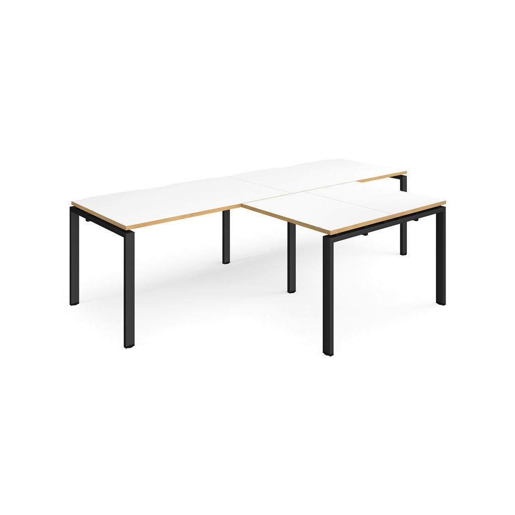 Picture of Adapt double straight desks 2800mm x 800mm with 800mm return desks - black frame, white top with oak edge