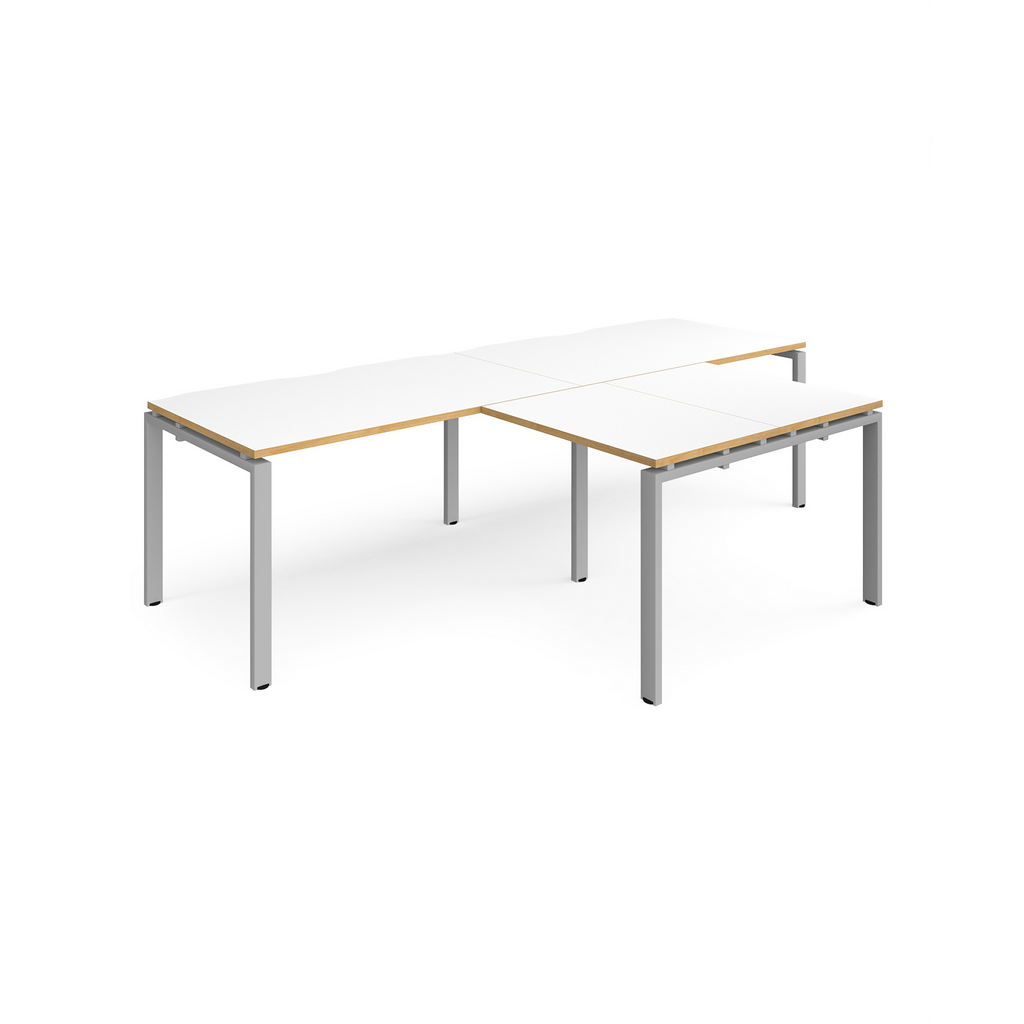 Picture of Adapt double straight desks 2800mm x 800mm with 800mm return desks - silver frame, white top with oak edge