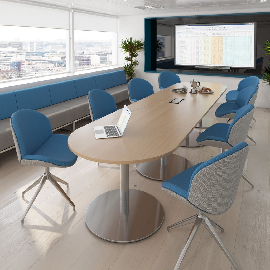 Picture of Eternal radial end boardroom table 2400mm x 1000mm with central cutout 272mm x 132mm - black base, white top
