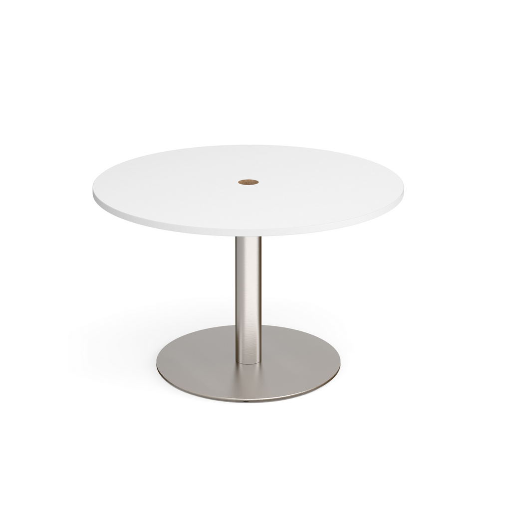 Picture of Eternal circular meeting table 1200mm with central circular cutout 80mm - brushed steel base, white top