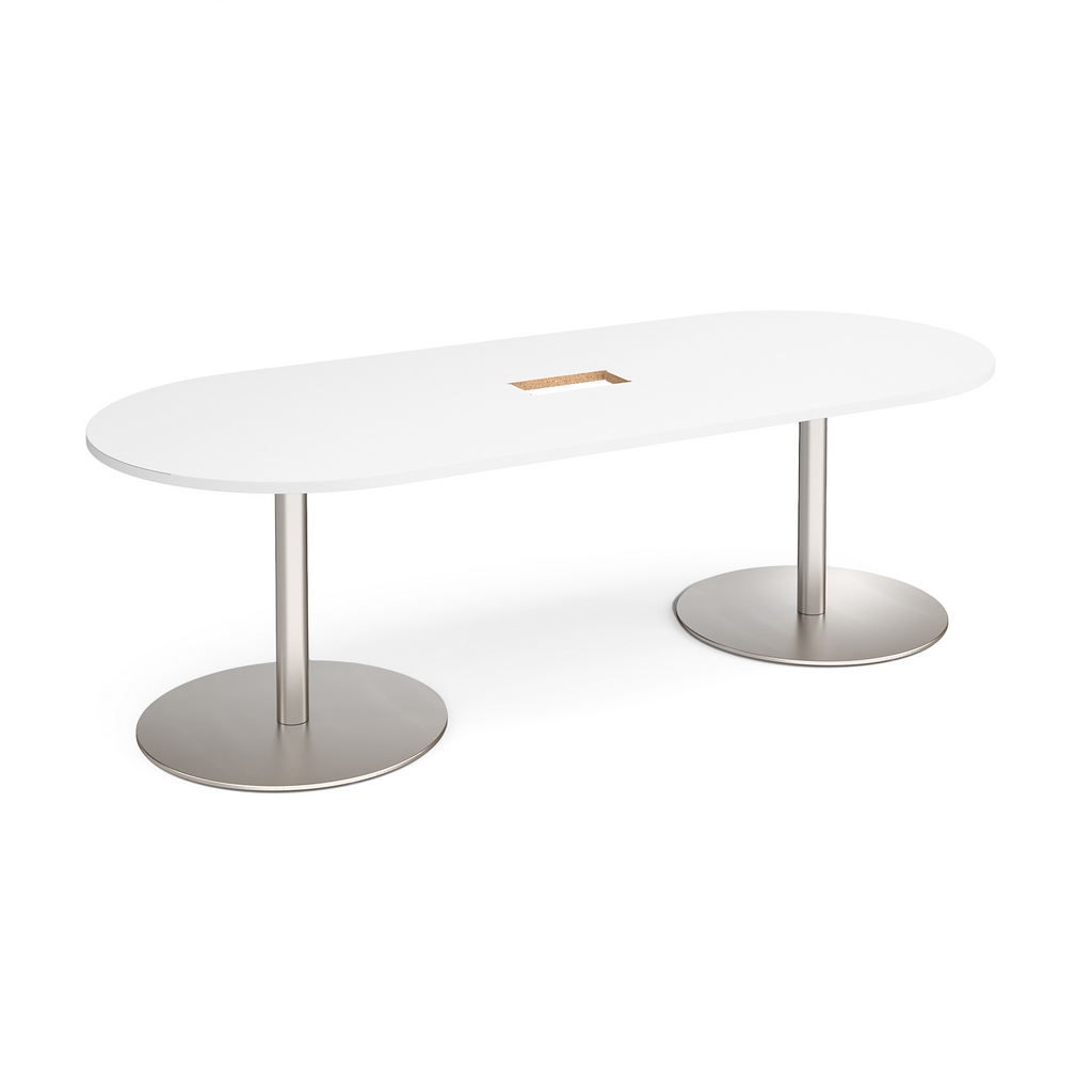 Picture of Eternal radial end boardroom table 2400mm x 1000mm with central cutout 272mm x 132mm - brushed steel base, white top
