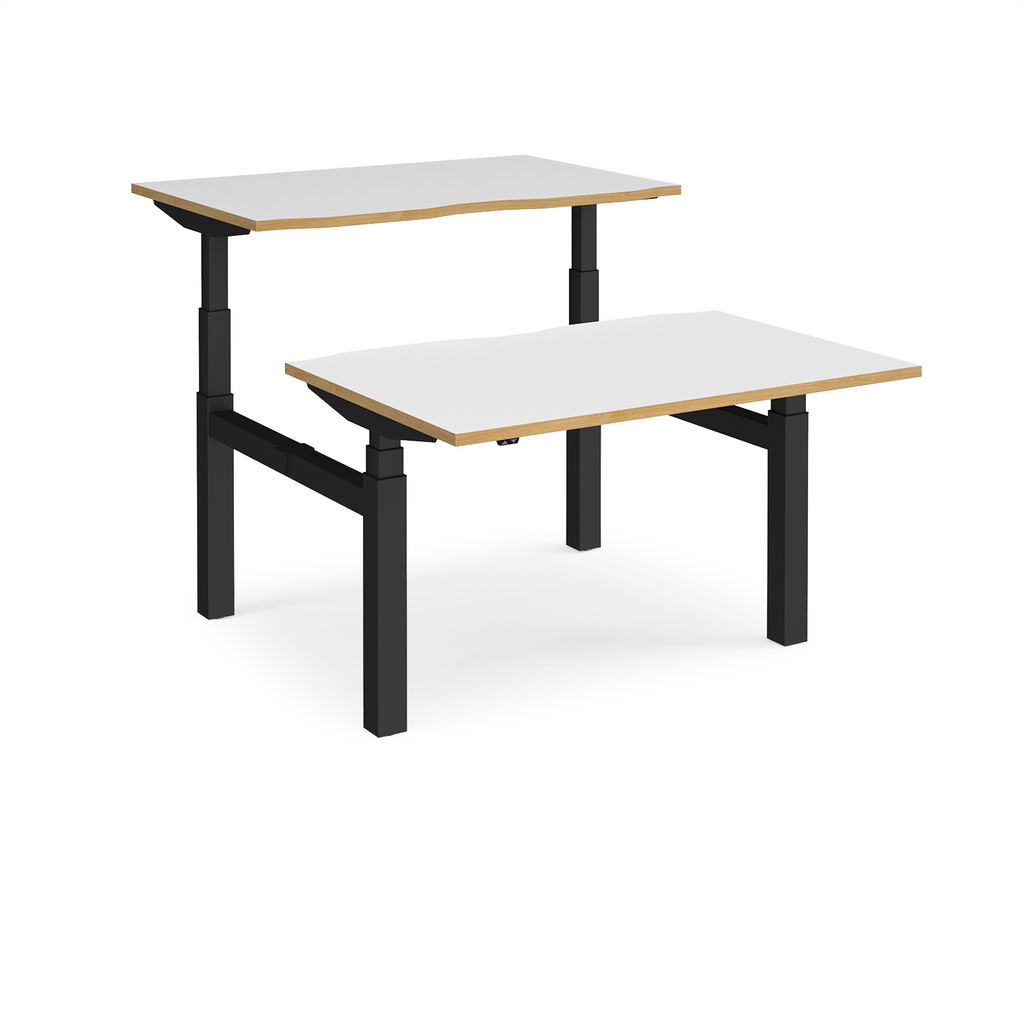 Picture of Elev8 Touch sit-stand back-to-back desks 1200mm x 1650mm - black frame, white top with oak edge