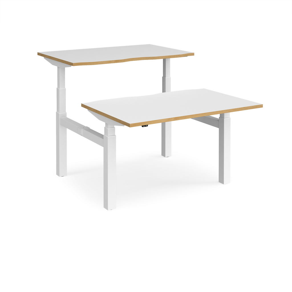 Picture of Elev8 Touch sit-stand back-to-back desks 1200mm x 1650mm - white frame, white top with oak edge