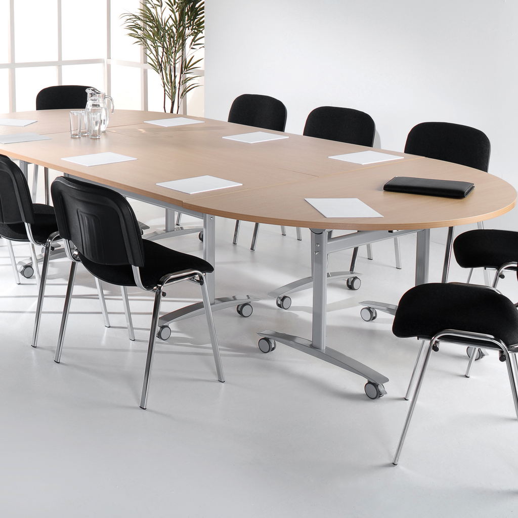 Picture of Semi circular deluxe fliptop meeting table with silver frame 1600mm x 800mm - oak